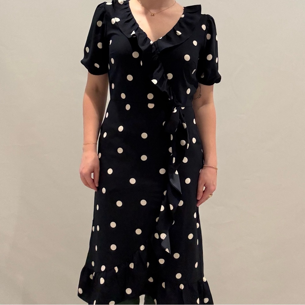 LOFT Black and White Ruffled Wrap Midi Dress